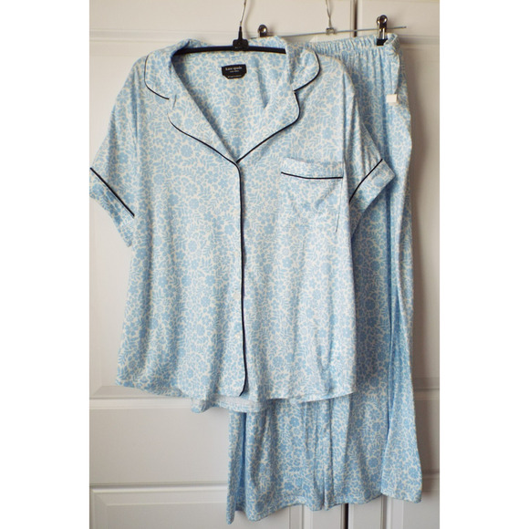KATE SPADE Pajama Set Womens XL Blue Floral Cozy Sleep Crop Button Up NWT
